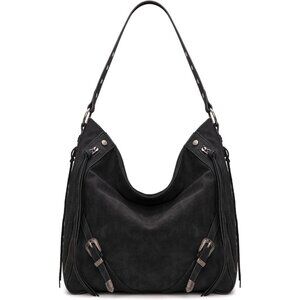 Elegant Wrangler Large Black Hobo Bag with Buckle Detail & Quick-Access Pockets